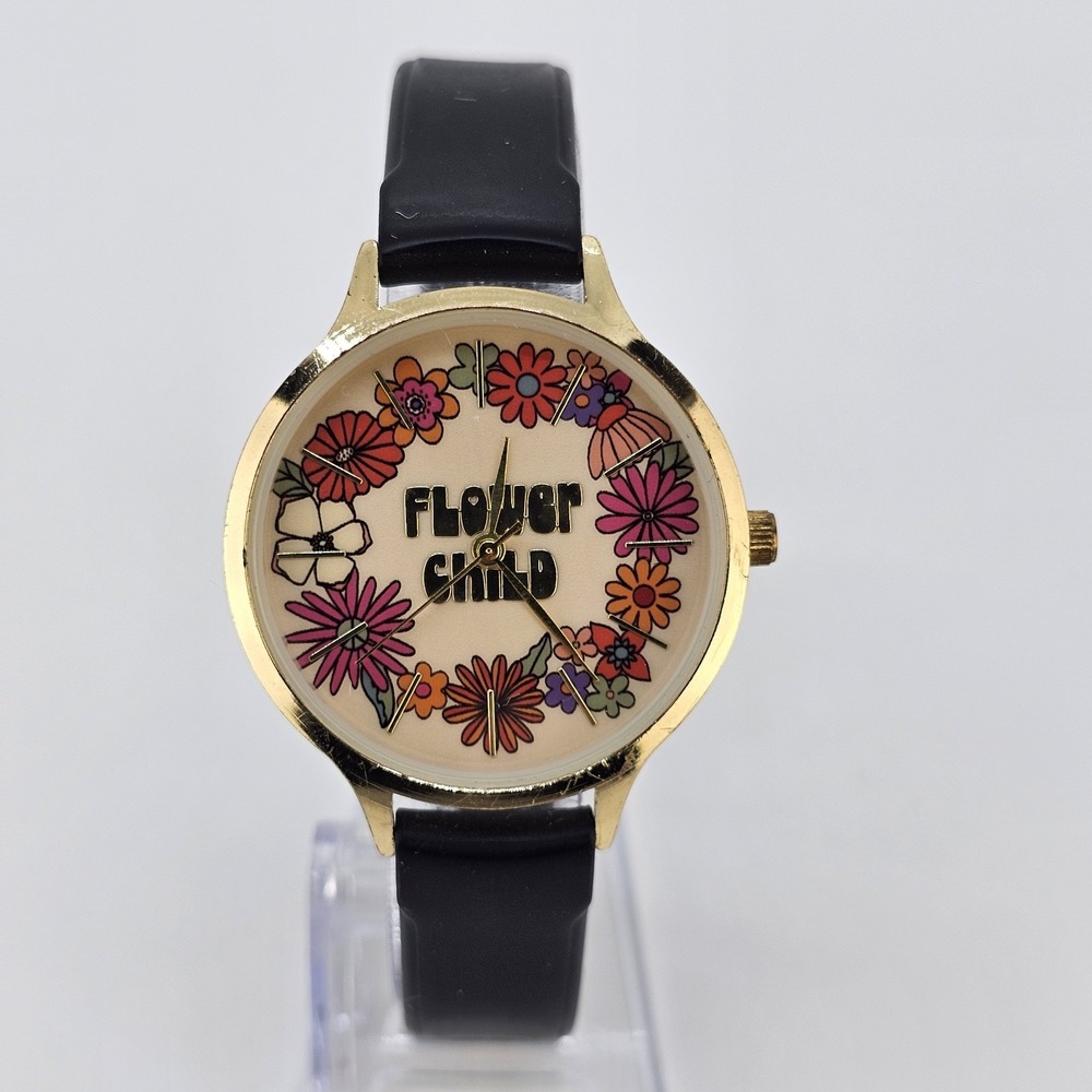 Flower Child Dial Women's Analog Watch 36MM Black Plastic Bands NEW Battery